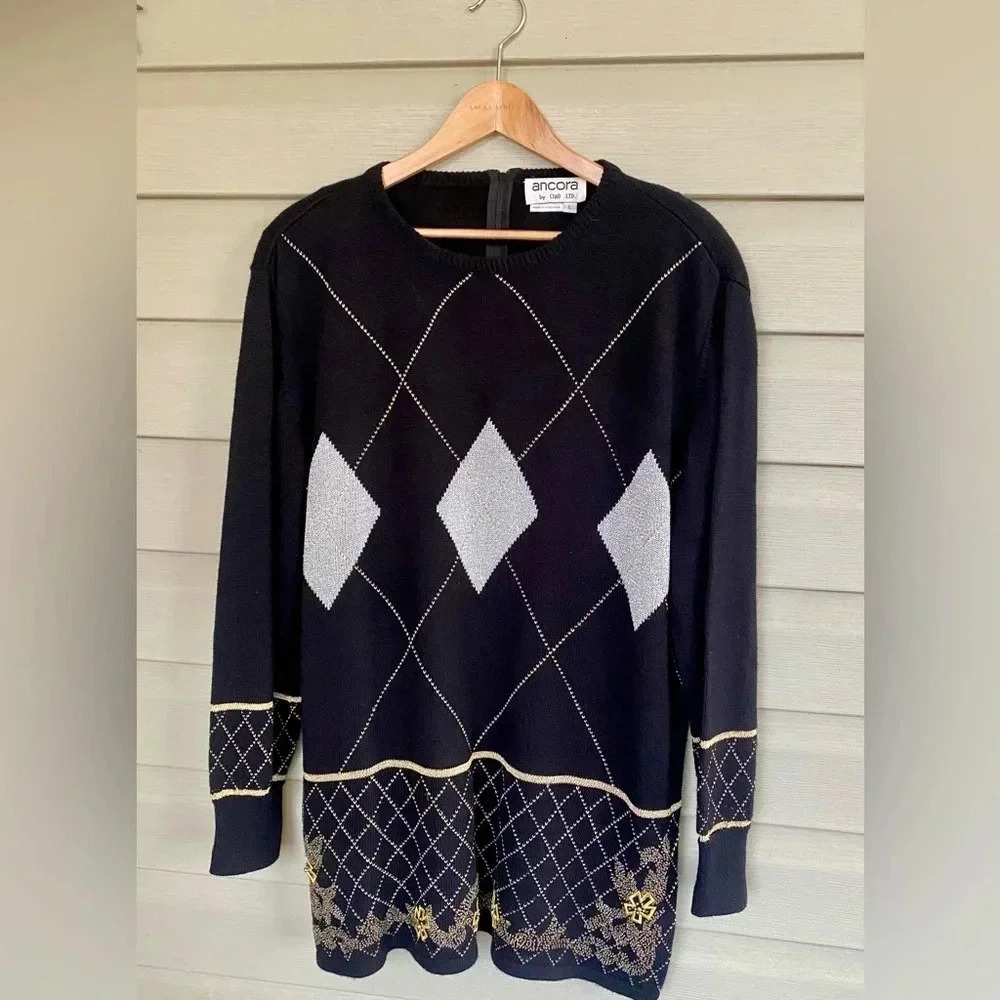 Vintage GLAM granny sweater ANCORA CAIO LTD 80s argyle fancy pullover jumper Lg